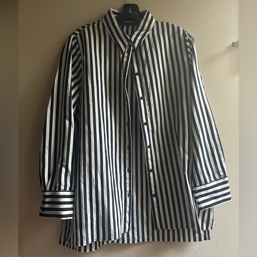 Zara Black and White Striped Button Down Shirt